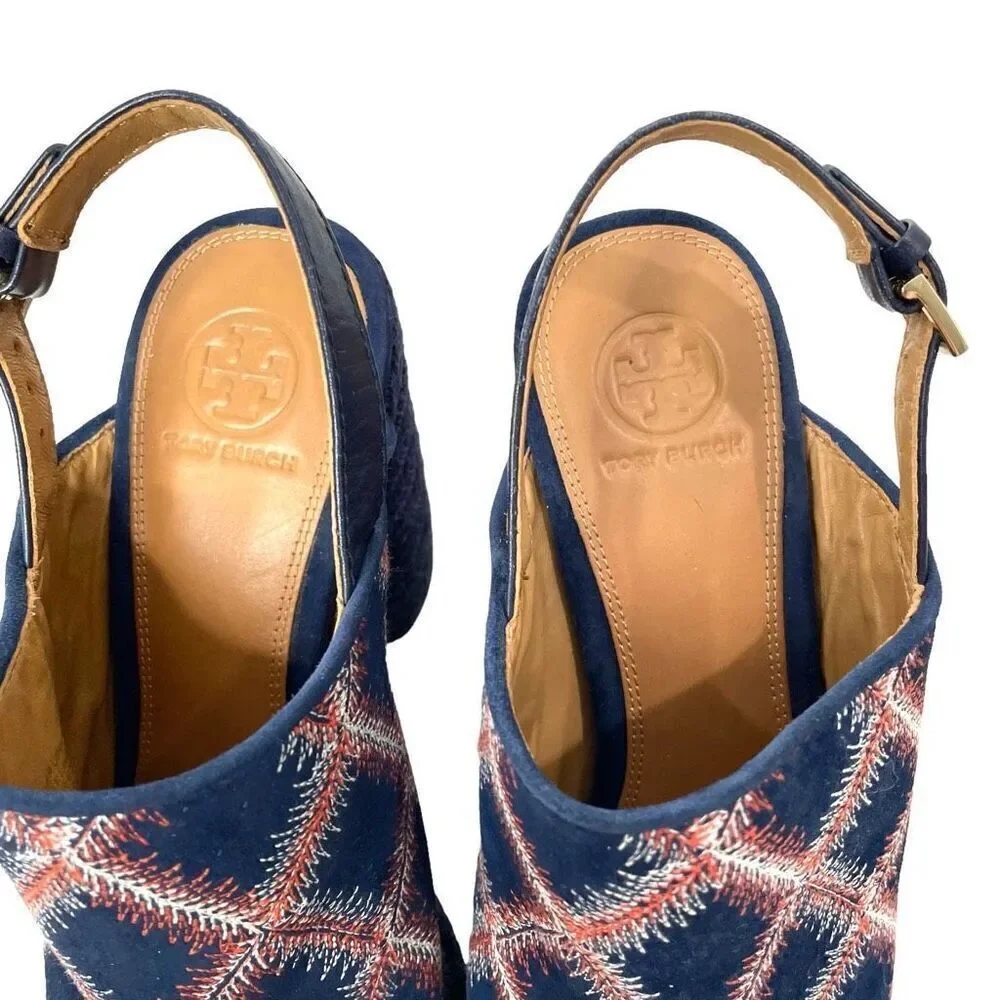 Tory Burch Trinity suede embroidered block heel‎ sandals heels Size 8.5 blue